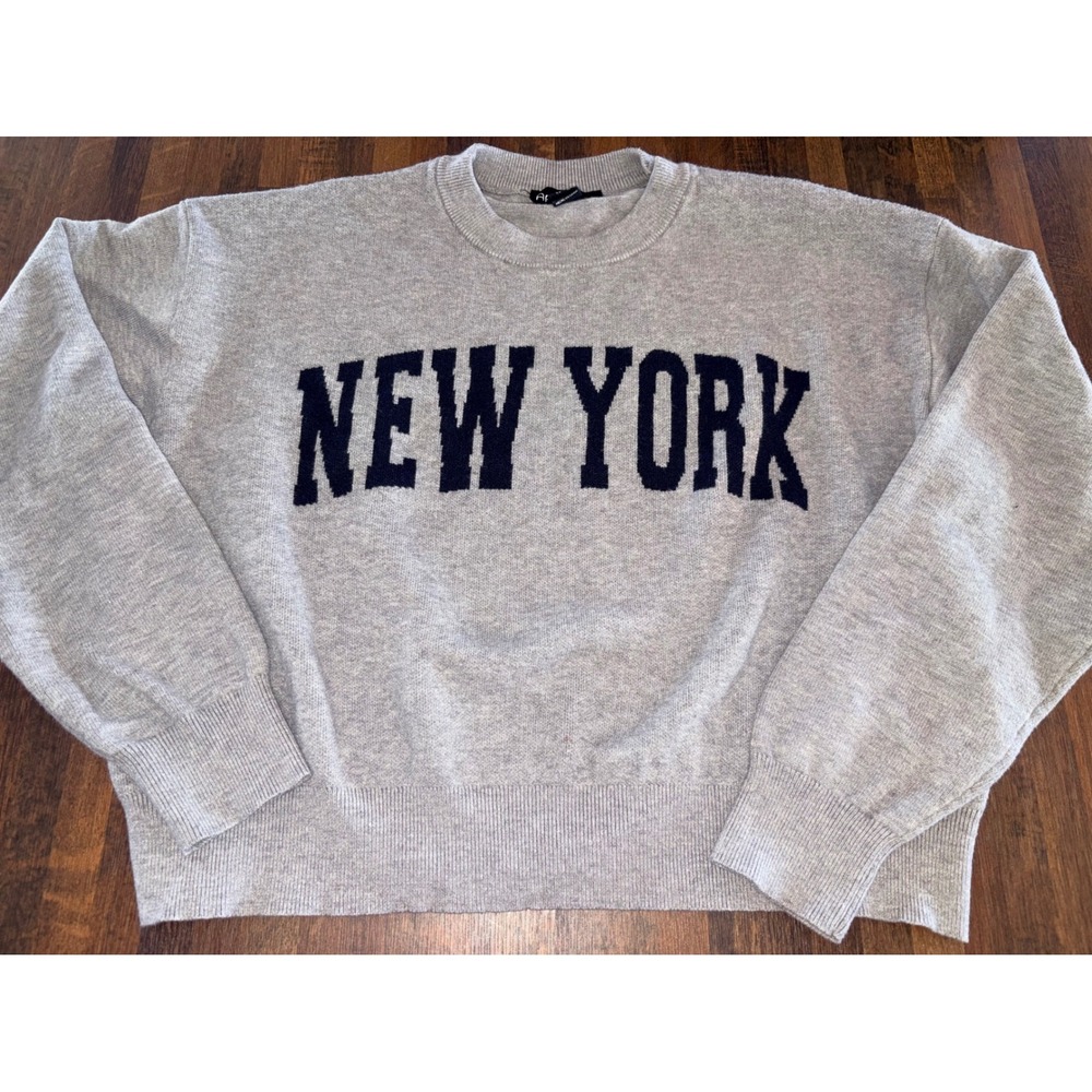 Arden B New York Graphic Sweater Gray Navy Blue Varsity Crewneck Pullover Medium
